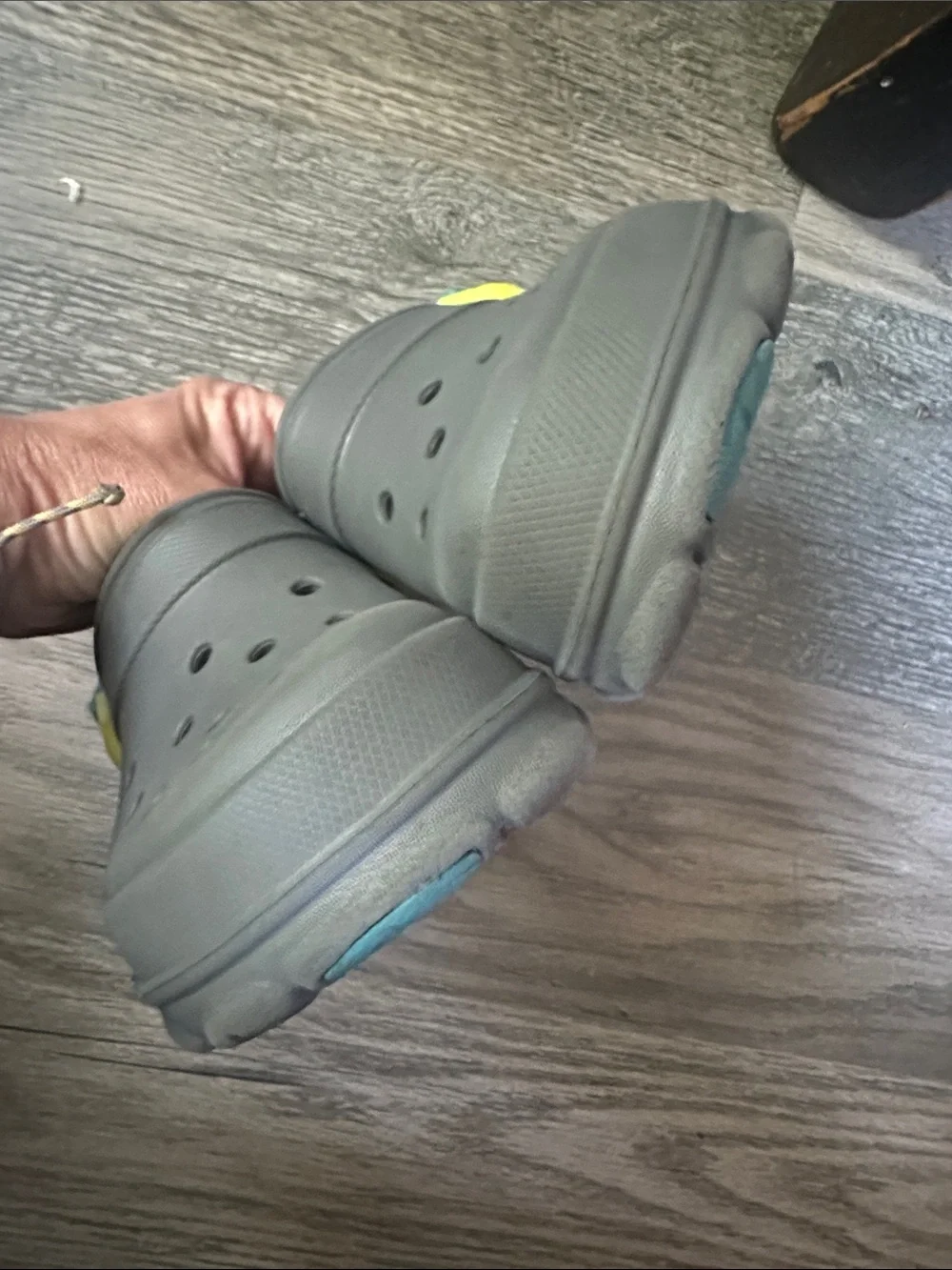 CROCS all terrain Clogs in Gray with Yellow Heel Strap kids size J1